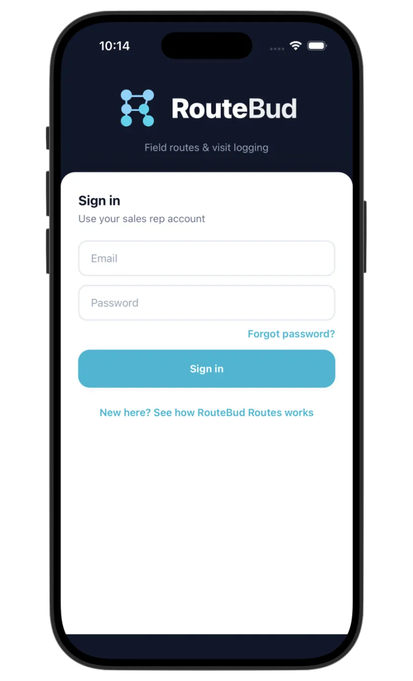 RouteBud iOS app screenshot - Login