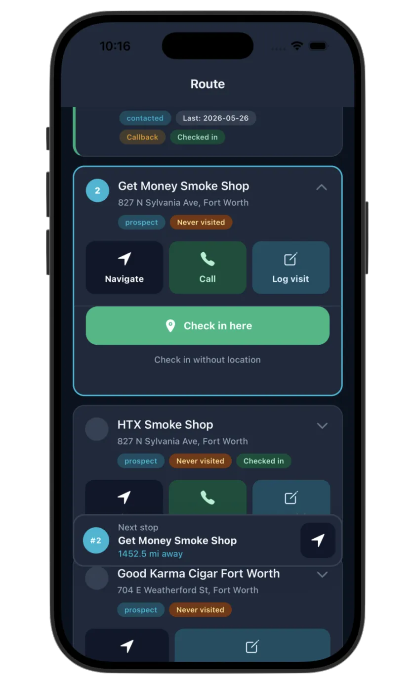 RouteBud iOS app screenshot - Stop Checkin1