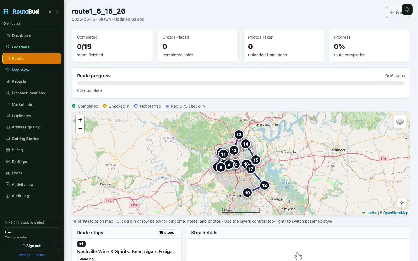 RouteBud live route dashboard for managers